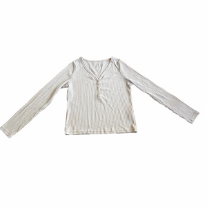 Primark Light Beige Ribbed Long-Sleeve V-Neck Top